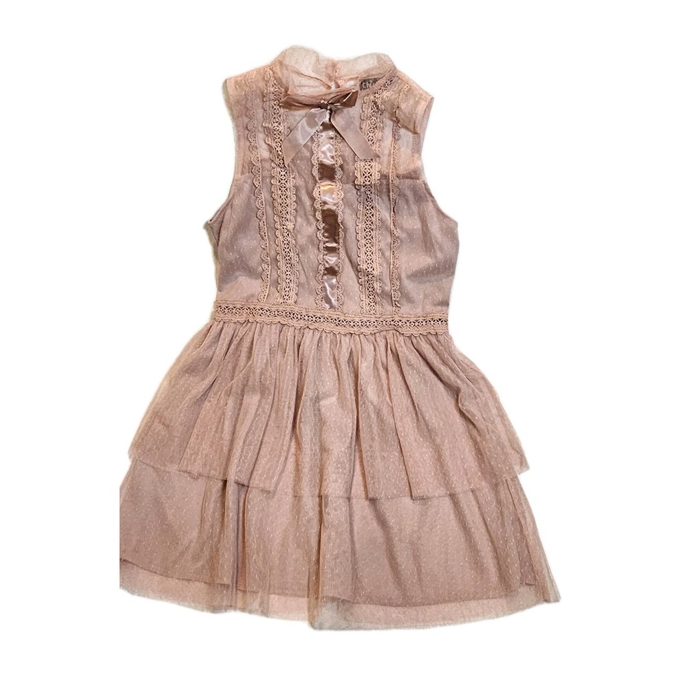 CHIC ME Blush Pink Lace Mesh Bowknot Skater Dress M Romantic Fairy Whimsical